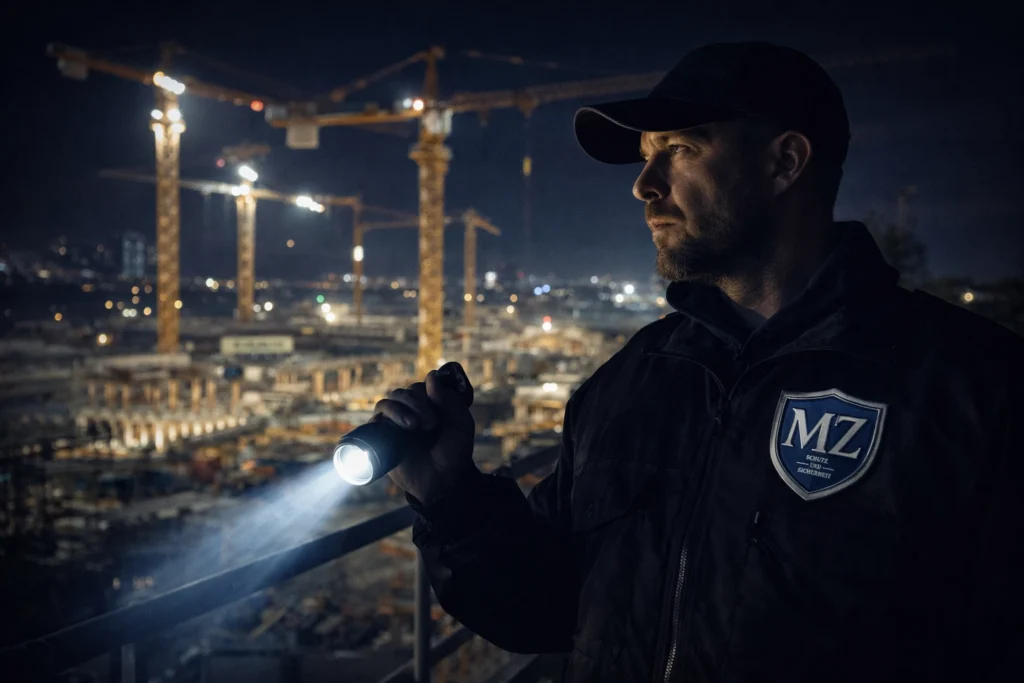 Sicherheitsdienst schützt Baustelle vor Diebstahl in Konstanz“ „Baustellenbewachung durch Wachdienst am Bodensee nachts“ „Security-Mitarbeiter kontrolliert Baustelle im Raum Konstanz“ „Überwachung von Baustellen durch Sicherheitsdienst Bodensee“